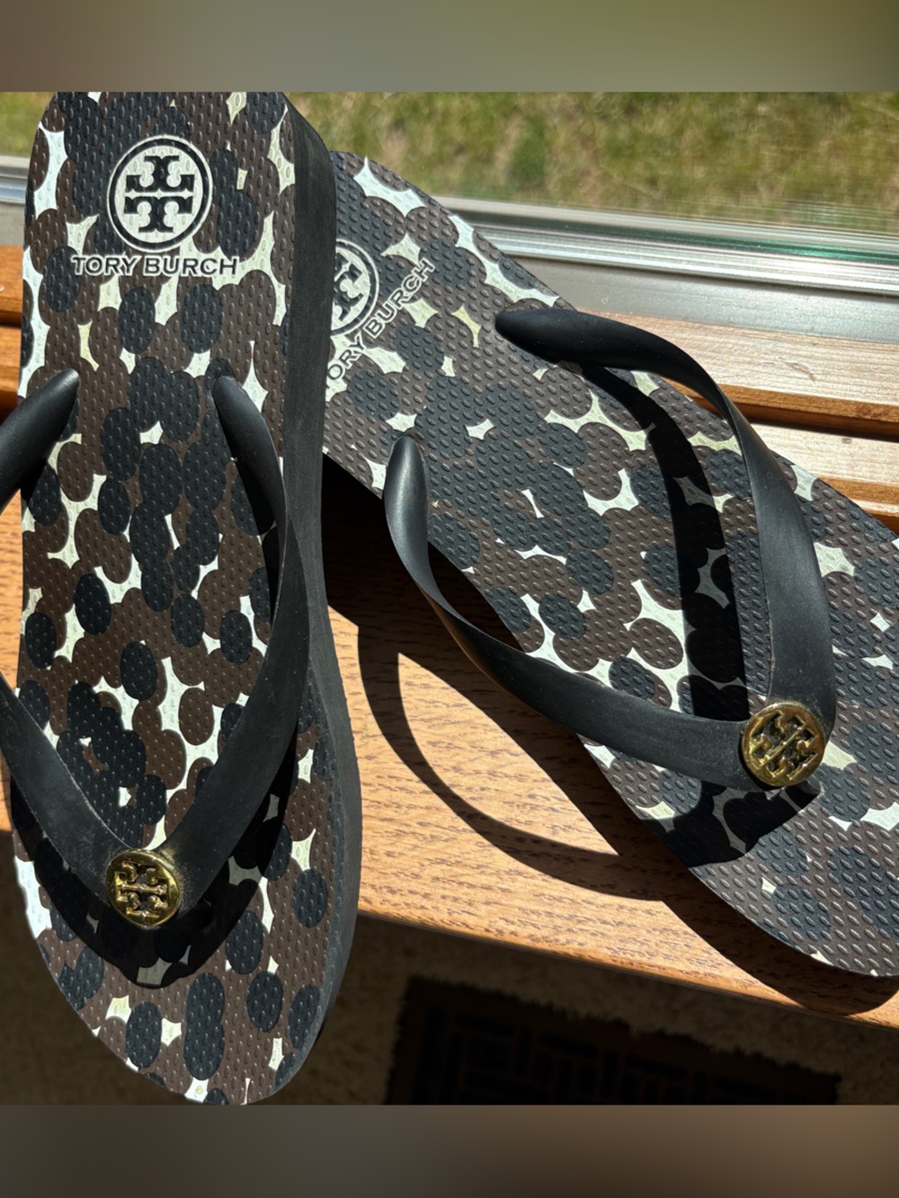 Tory Burch Black and Brown Leopard Print Logo Flip Flops